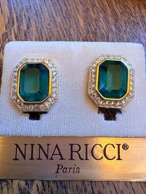 Vintage Nina Ricci Paris Emerald Cut Crystal Clip-On Earrings - Mint condition